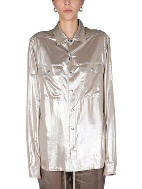 Rick Owens SS22 "Fogachine" Taupe Metallic Habotai Viscose Snap-Front Shirt